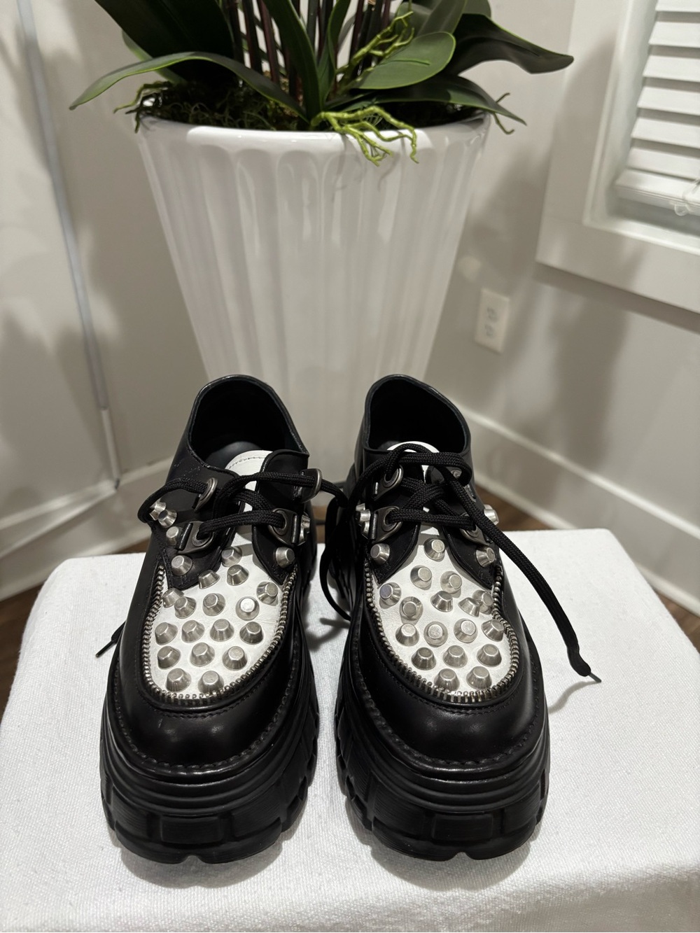 Miu Miu Bicolor Leather Studded Platform Derby Shoes